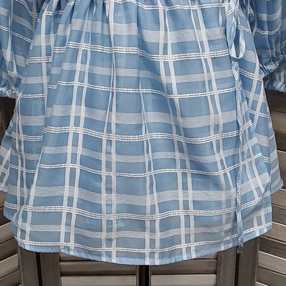 Blue Sheer Gingham Puff Sleeve Wrap Blouse | Future Collective | X Small - Picture 2 of 10